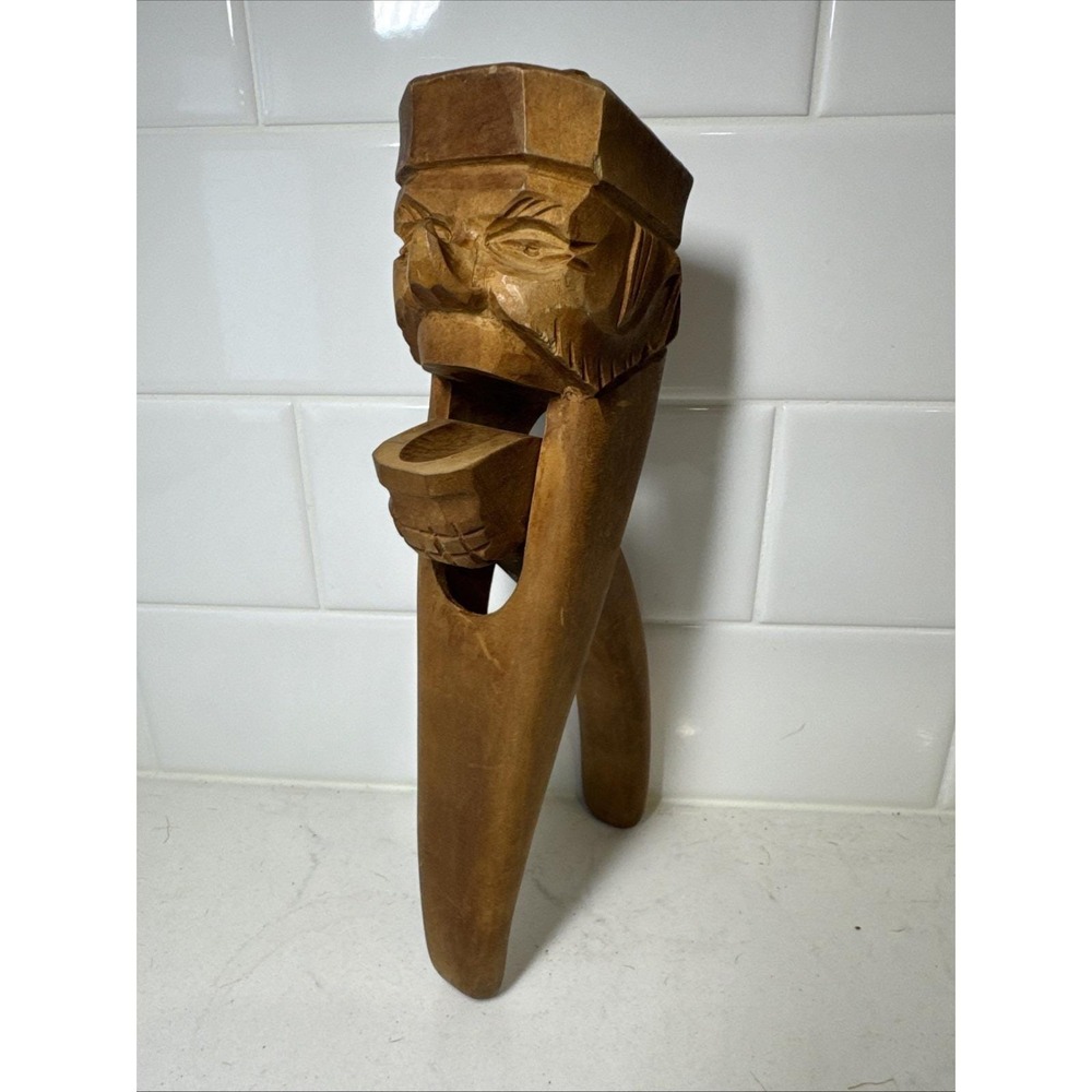 Vintage Hand Carved Wooden Nutcracker Bearded Man Folk Art Alpine Style Brown